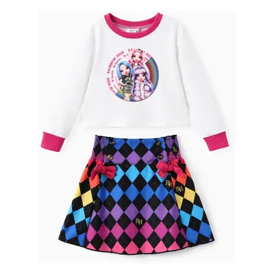 Rainbow high Toddler & Girl 2pcs Rainbow Checkered Print Long-sleeve Top And Bowknot Skirt Set