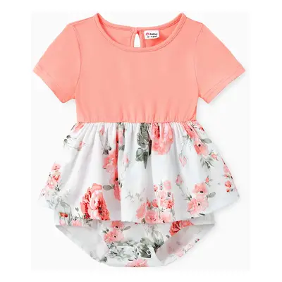 Family Matching Sets Pinkish Orange Cap-sleeve Spliced Floral Dresses and Short-sleeve Color Blo