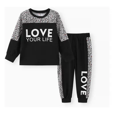 2-piece Toddler Girl Letter Leopard Print Sweatshirt and Pants Set