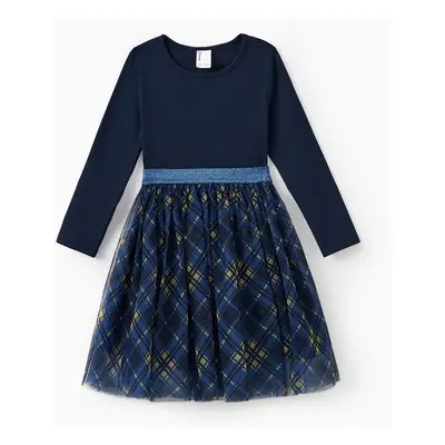 Mommy and Me Blue Co-ord Sets Long Sleeves Top and Plaid Mesh Tulle Skirt