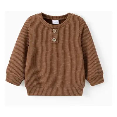 Baby Boy/Girl Clothes Button Design Solid Ribbed Knitted Long-sleeve Pullover Top