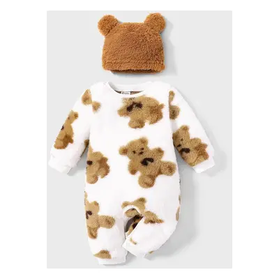 Baby Girl/Boy 2pcs Bear Style Printed Fleece Jumpsuit with Hat