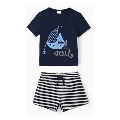 Toddler Girl 2pcs Sailboat Print Tee and Striped Shorts Set