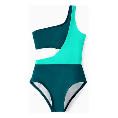 Family Matching Colorblock One Shoulder Cut Out One-piece Swimsuit and Striped Spliced Swim Trun