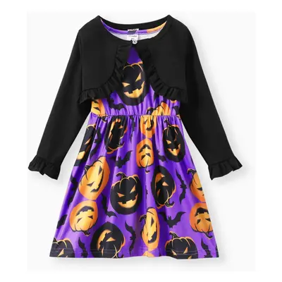 2pcs Toddler Girl Halloween Letter Pumpkin Print Sleeveless Dress and Ruffled Cardigan Set