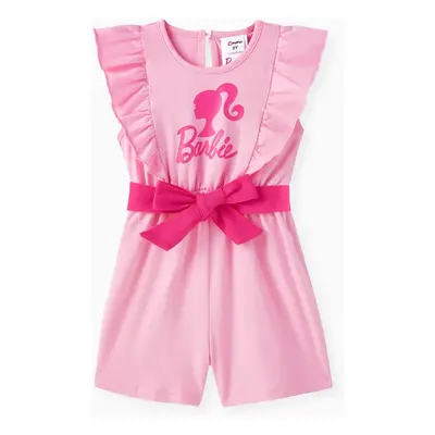 Barbie Toddler Girl Cotton Letter Print Ruffled Belted Rompers