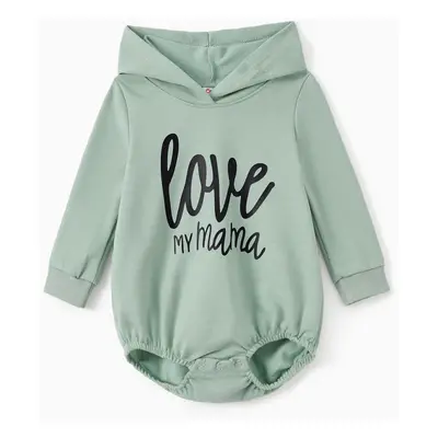 Mommy and Me Letter Print Green Long-sleeve Hoodie Dresses