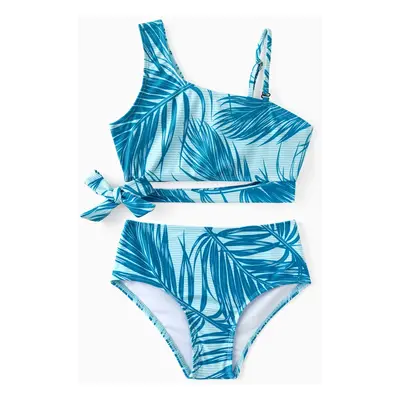 Family Matching Leaf Pattern Drawstring Swim Trunks or One-Shoulder Bikini with Removable Strap