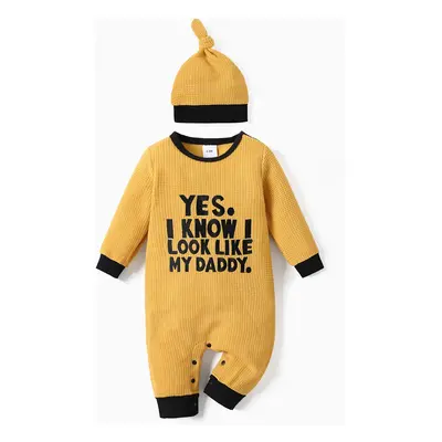 2pcs Baby Boy/Girl Letter Embroidered Long-sleeve Knitted Jumpsuit with Hat Set