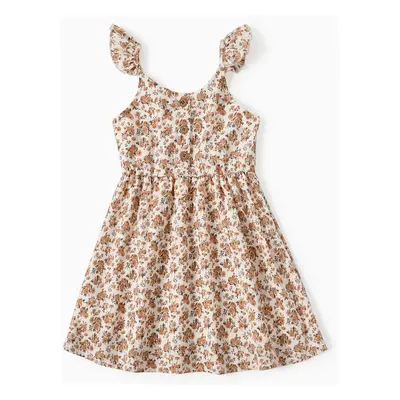 Mommy and Me Beige Ditsy Floral Patterned Shirred Top Button Front Strap Dress