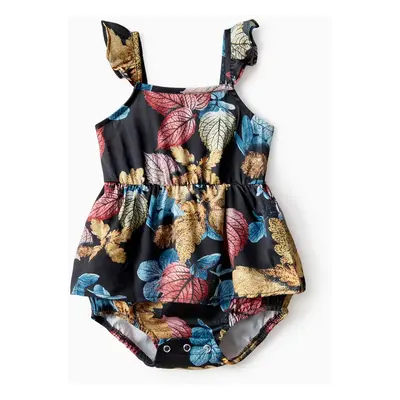 Family Matching Sets Black Tee or Colorful Leaf Pattern Floral Wrap Bottom Ruffle Hem High-Low D