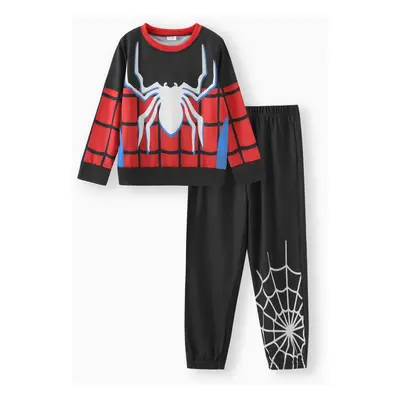 2pcs Kid Boy Spider Print Colorblock Sweatshirt and Black Pants Set