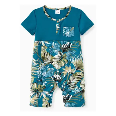 Family Matching All Over Floral Print Blue V Neck Ruffle Dresses and Short-sleeve Splicing T-shi