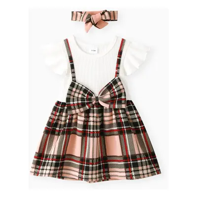 2pcs Baby Girl 95% Cotton Ribbed Flutter-sleeve Splicing Plaid Bowknot Dress with Headband Set