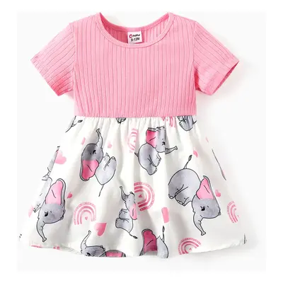 Baby/Toddler Girl Elephant Print Ribbed Splice Short-sleeve Dress