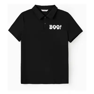 Halloween Family Matching Sets Black Boo Print Polo Shirt or A-Line/Tulle Strap Dress Set with C