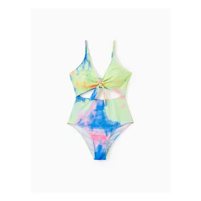 Family Matching Tie Dye V Neck Self-tie Hollow Out Spaghetti Strap One-Piece Swimsuit and Swim T