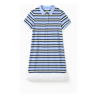 Family Matching Sets Vertical Striped Short Sleeves Polo Shirt or Lace Ruffle Pleated Lace Trim 