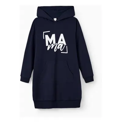 Mommy and Me Navy Blue Long Sleeves Letter Print Hooded Dresses with Kangaroo Pocket