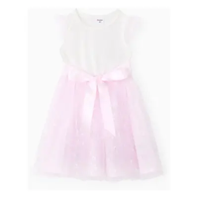 Toddler Girl Flutter Sleeve Mesh Spliced Dress