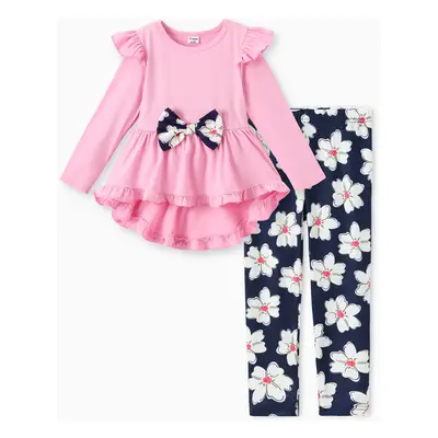 2-piece Kid Girl Bowknot Ruffled Long-sleeves Tee and Flower Allover Print Pants