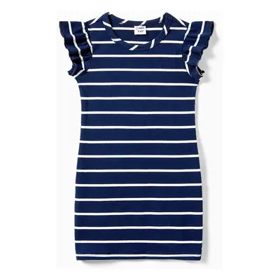 Family Matching Stripe T-shirt and Stripe Cotton Crisscross Bodycon Knitted Off-Shoulder Dress S