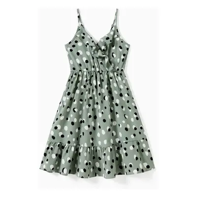 Family Matching Color Block Polo Shirt and Irregular Dot Pattern Halter Ruffle Hem Dress Sets