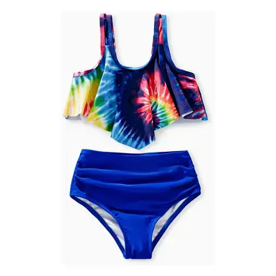 Casual Tie-Dyed Family Swimwear with Ruffle Edge, Medium Thickness, Opaque, Regular Fit - Polyes