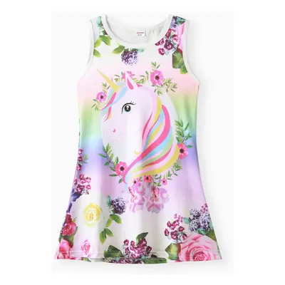 Kid Girl Pretty Unicorn and Flower Print Sleeveless Dress