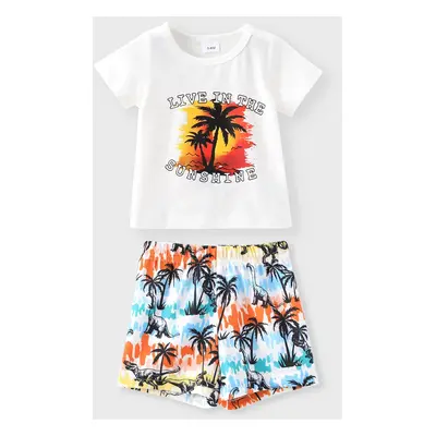 2pcs Baby Boy Letters Print Short-sleeve Tee and Allover Dinosaur Print Shorts Set