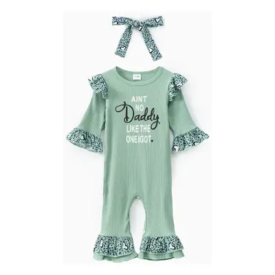 2pcs Baby Girl Letter Print Pink Ribbed Long-sleeve Splicing Leopard Ruffle Jumpsuit with Headba