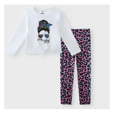 2pcs Kid Girl Cartoon Print Tie Knot Long-sleeve Tee and Leopard Print Leggings Set