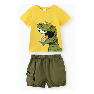 2pcs Toddler Boy Playful Dinosaur Print Tee & Cargo Shorts Set