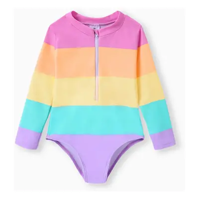 Rainbow Striped One-Piece Swimsuit with Heart-Shaped Zipper for Girls