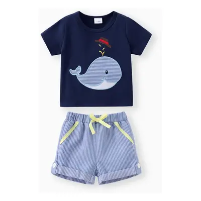 2pcs Baby Boy Whale Pattern Embroidery Short Sleeve Set