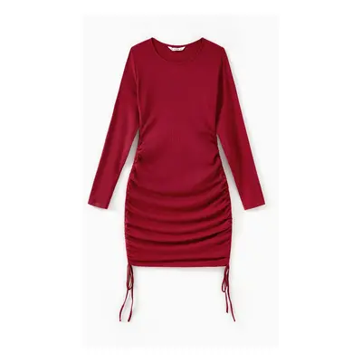 Wine Red Mommy and Me Dresses Ribbed Long Sleeves Ruched Drawstring Side