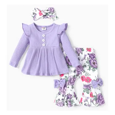 2pcs Baby Girl 95% Cotton Ribbed Ruffle Buttons Front Long-sleeve Top and Allover Floral Print B