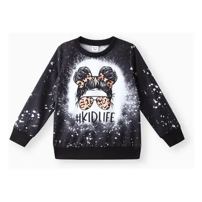 Kid Girl Cartoon Tie Dyed/ Leopard Print Pullover Sweatshirt