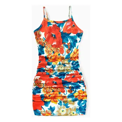 Family Matching Floral Panel T-Shirt and Ruched Drawstring Side Bodycon Strap Dress Sets