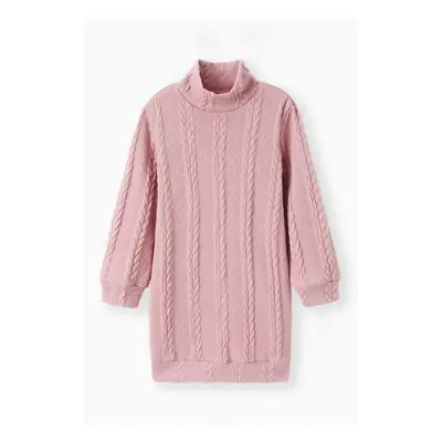 Kid Girl Solid Color Cable Knit Textured Mock neck Sweater Dress