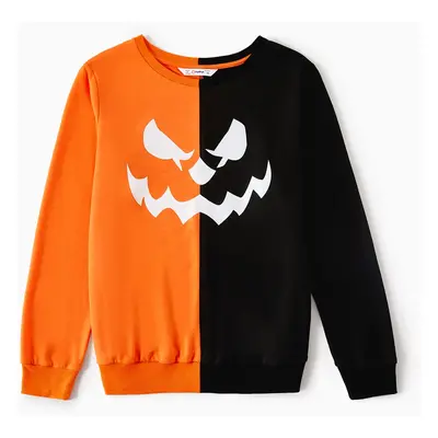 Halloween Family Matching Glow In The Dark Pumpkin Print Long-sleeve Colorblock Sweatshirts