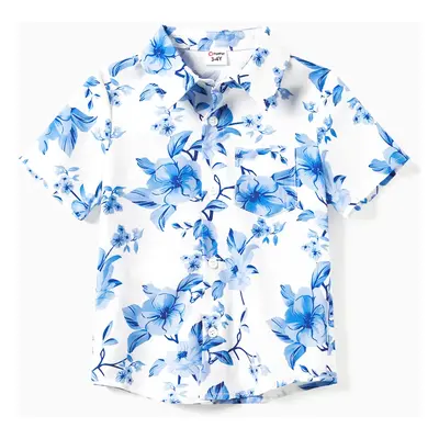 Family Matching Sets Blue Floral Beach Shirt or Irregular Hem Flowy Strap Dress