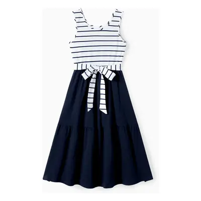 Family Matching Striped Panel Belted Tank Dresses and Cotton Colorblock Short-sleeve T-shirts Se