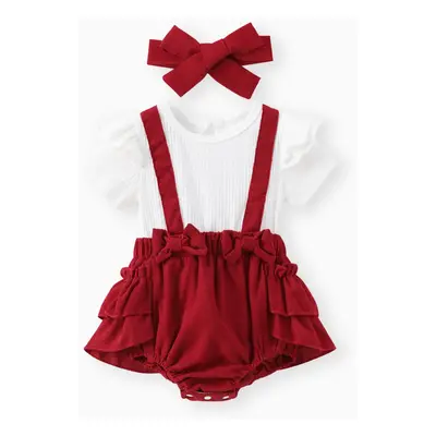 2pcs Baby Girl Ruffle Trim Bow Decor Short-sleeve Solid Spliced Romper & Headband Set