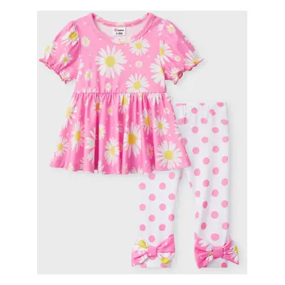 Baby/Toddler Girl 2pcs Puff-sleeve Floral Print Top and Polka Dots Print Leggings Set