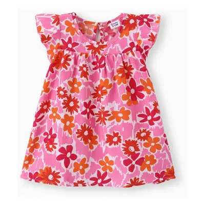 100% Cotton Baby Girl All Over Floral Print Flutter-sleeve Loose-fit Dress