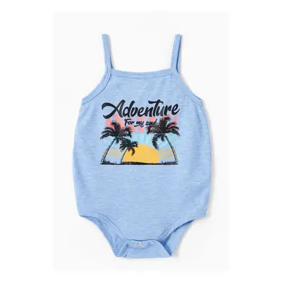 Family Matching Sets Coconut Tree and Sun Pattern Adventure Print Graphic Tee or Twist Knot Side