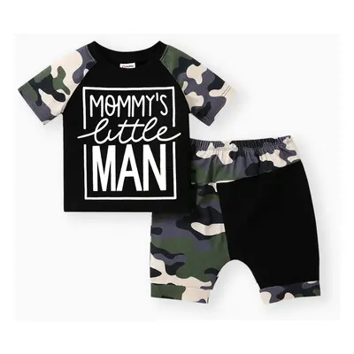 2pcs Baby Boy Short-sleeve Letter Print Black & Camouflage Naia™ Tee and Capri Pants Set