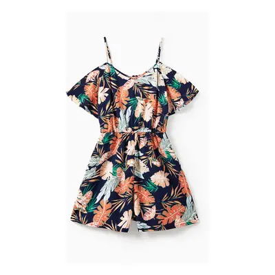 Mommy and Me Floral Leaf Pattern Off-Shoulder Strap Romper