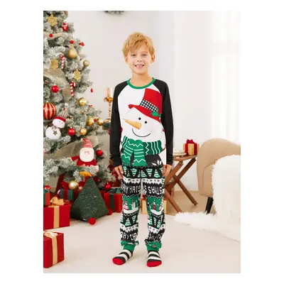 Christmas Family Matching Raglan Sleeves Snow Man Top Hat Top Allover Pattern Pants Pajamas Sets